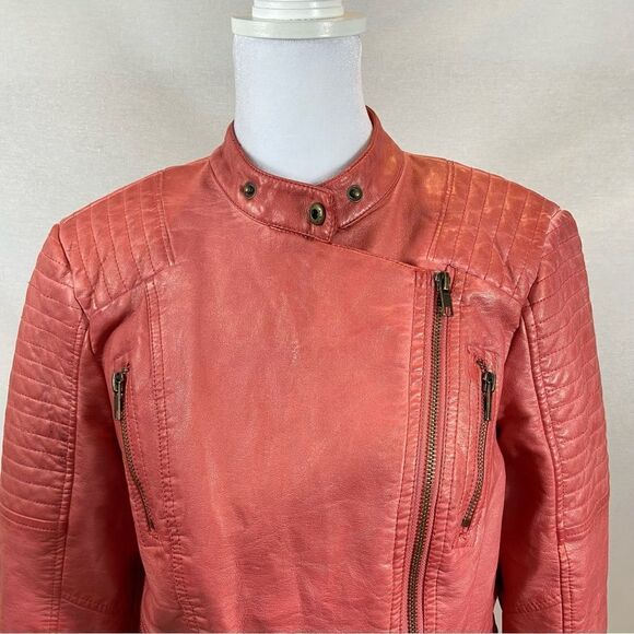 Guess Pink/Red Faux Leather Moto Jacket with Asymmetrical Zipper Size Small - Picture 8 of 15